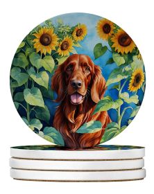 Irish Setter in Sunflowers Large Sandstone Coasters Pack of 4 Absorbent Round Coasters Decor Gifts for Men or Women, 4 in, Multicolor