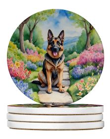 German Shepherd Spring Path Large Sandstone Coasters Pack of 4 Absorbent Round Coasters Decor Gifts for Men or Women, 4 in, Multicolor