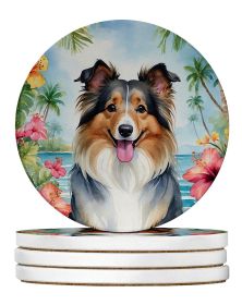 Sheltie Luau Large Sandstone Coasters Pack of 4 Absorbent Round Coasters Decor Gifts for Men or Women, 4 in, Multicolor