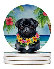 Black Pug Luau Large Sandstone Coasters Pack of 4 Absorbent Round Coasters Decor Gifts for Men or Women, 4 in, Multicolor