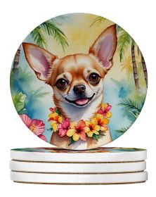 Chihuahua Luau Large Sandstone Coasters Pack of 4 Absorbent Round Coasters Decor Gifts for Men or Women, 4 in, Multicolor