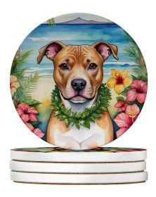 Pit Bull Terrier Luau Large Sandstone Coasters Pack of 4 Absorbent Round Coasters Decor Gifts for Men or Women, 4 in, Multicolor (Default: Default)